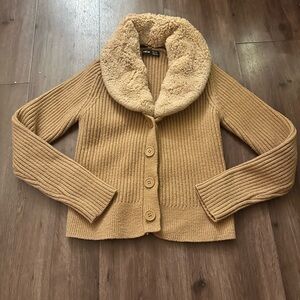SHEIN Tan Ribbed Cardigan with Faux Fur
